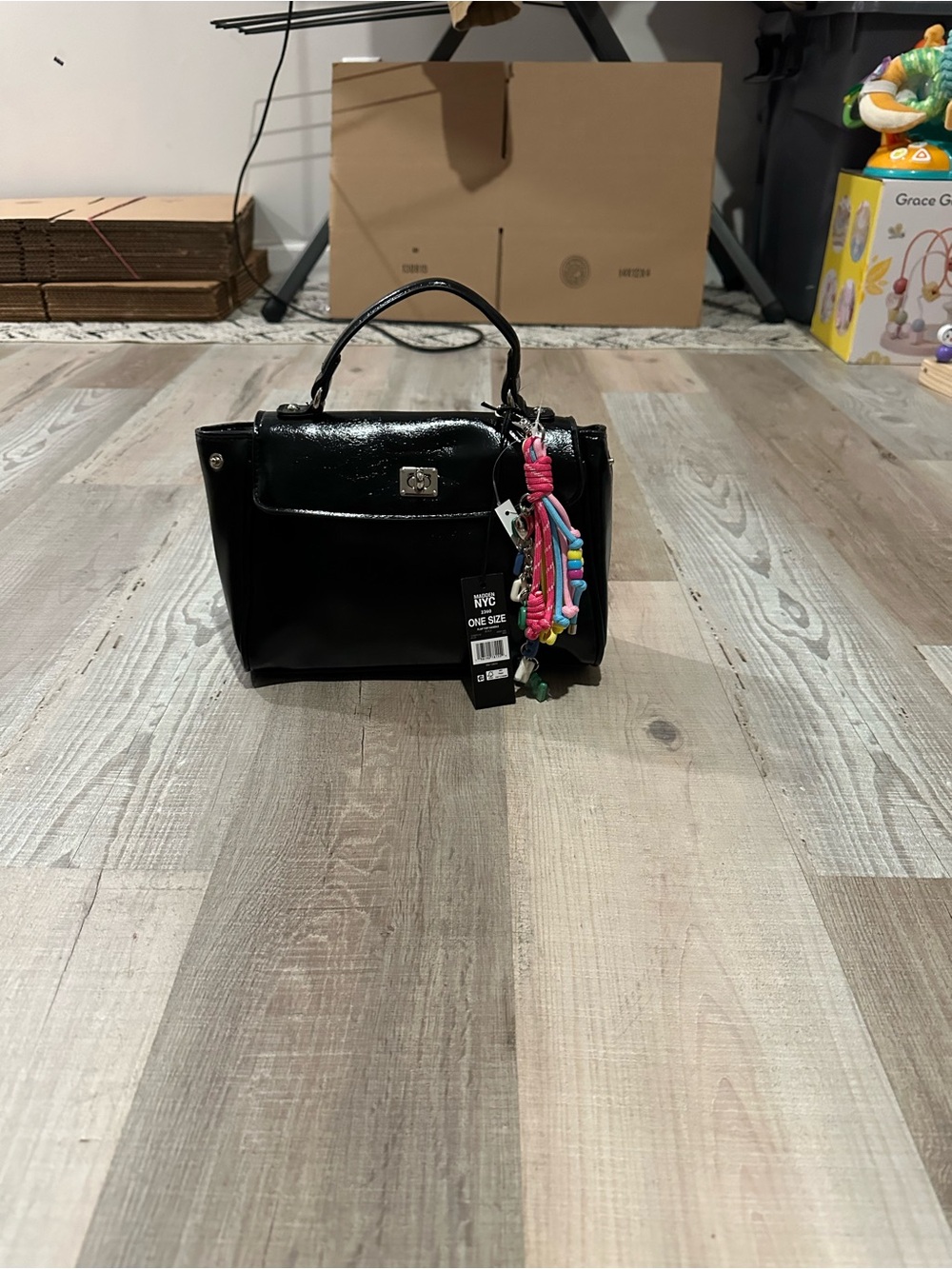 Glossy Black Patent Mini Top-Handle Bag with Colorful Tassel Charm